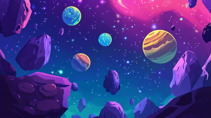 Naklejka premium Galaxy travel cartoon landing page with planets in outer space, cosmic objects in dark starry sky. Cosmos and Universe exploration adventure, scientific trip, futuristic fantasy vector web banner