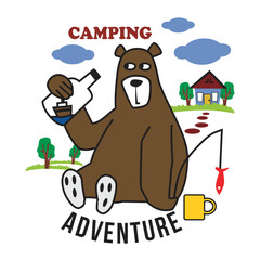 bear camping with fishing day,design cartoon vector illustration