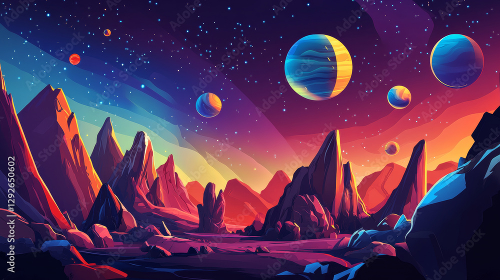 Poster galaxy travel cartoon landing page with planets in outer space, cosmic objects in dark starry sky. c