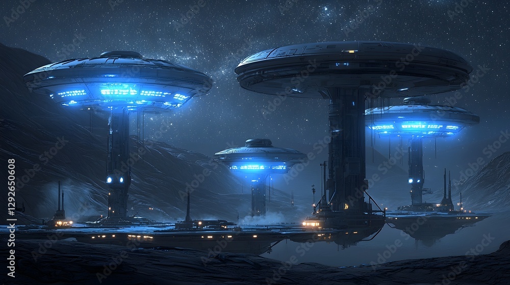 Poster a futuristic and otherworldly alien cityscape with floating structures and bioluminescent glowing to