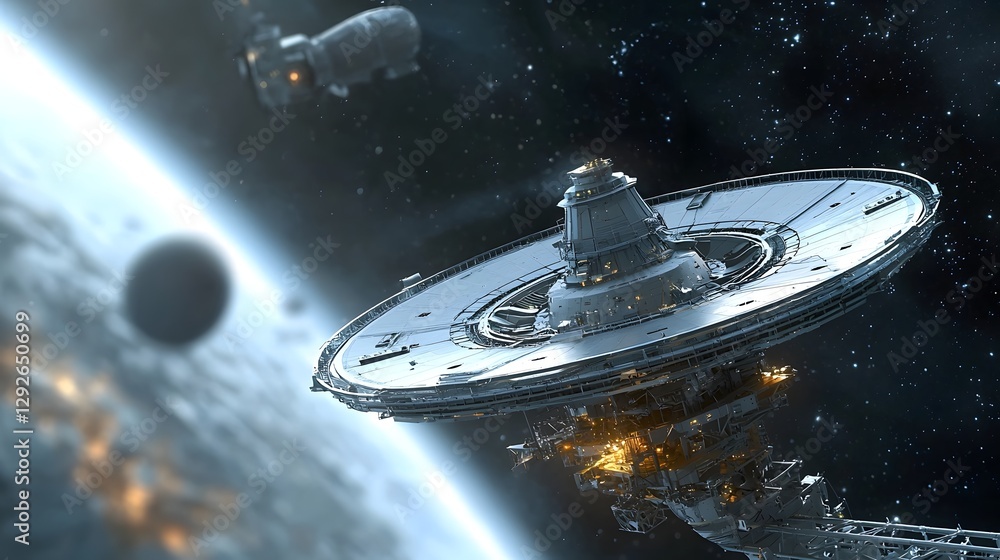 Poster a futuristic deep space alien observatory equipped with advanced sensors and technology monitoring d