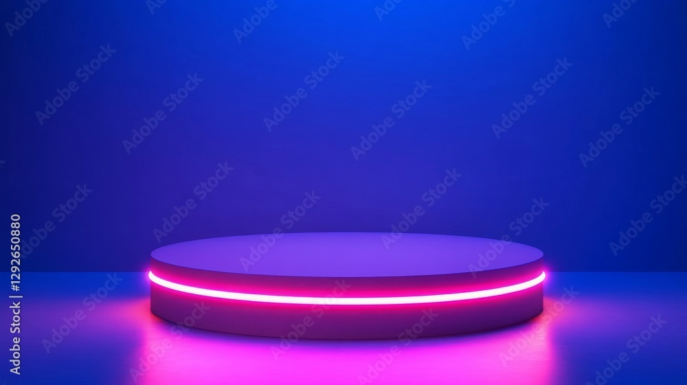 Poster glowing blue and pink illuminated round podium in futuristic abstract setting. modern showcase and d