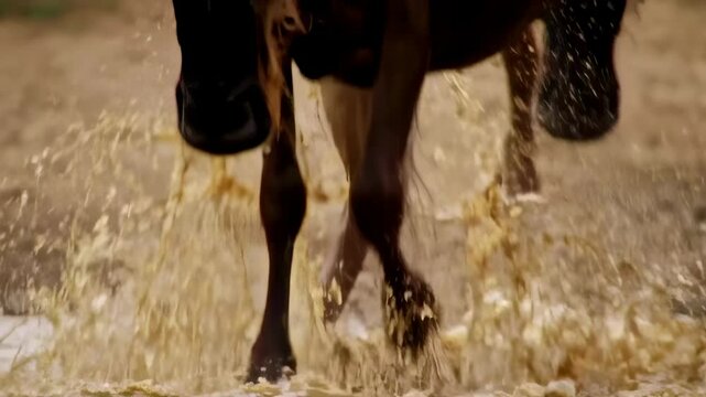 A wildebeest charges through a muddy river, creating a powerful splash as part of the dramatic great migration across Africa.