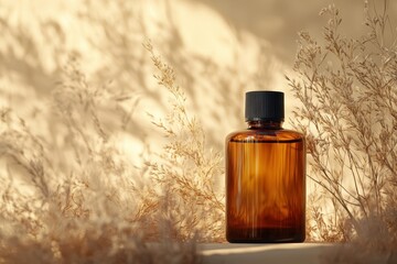 Amber bottle of essential oil sits amidst dried grasses. Perfect for beauty, wellness, or natural product marketing.