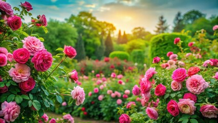Fototapeta premium eine gr?ne Himmel und bl?hende Rosen in einem ?berf?llten Garten, blooming, garden