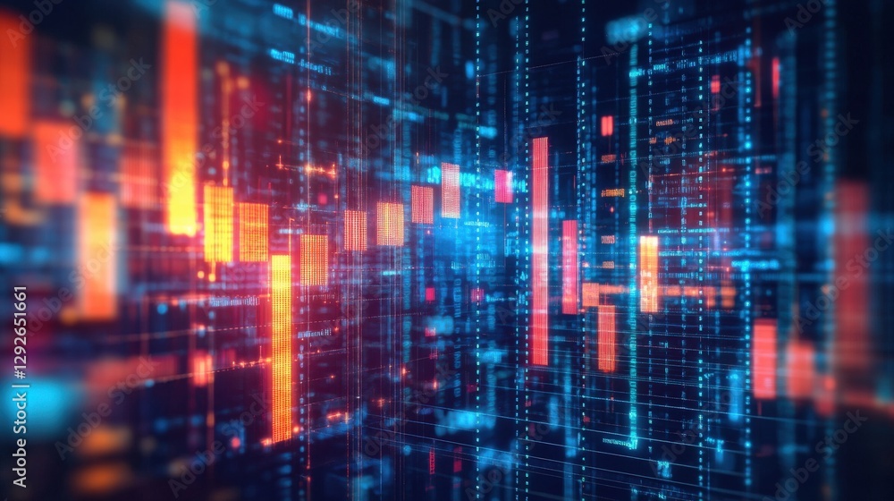 Poster abstract digital data visualization with vibrant colors and patterns representing technology trends