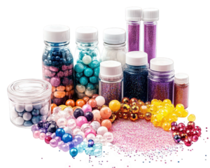 Colorful display of mixed media supplies including glitter, beads, and glue. Perfect for crafting and creative projects, these materials inspire imagination and artistic expression
