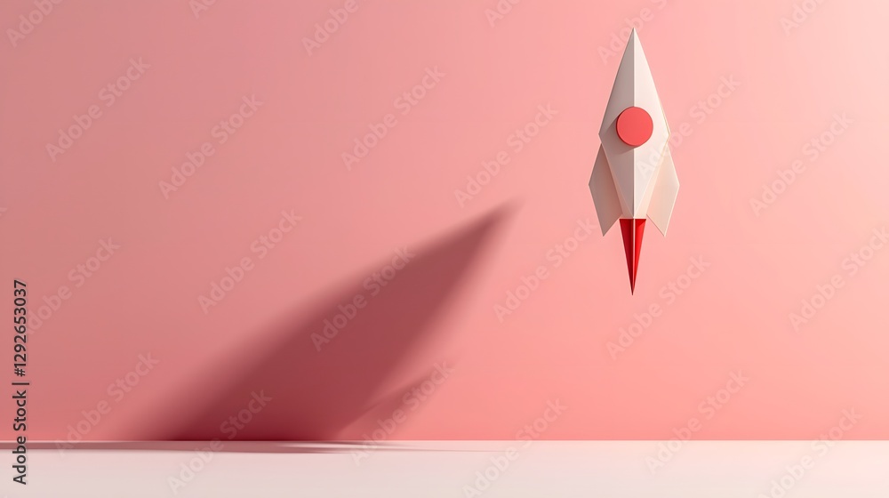 Poster a minimalist paper rocket hovering mid air with a soft shadow cast on a solid pastel background conv