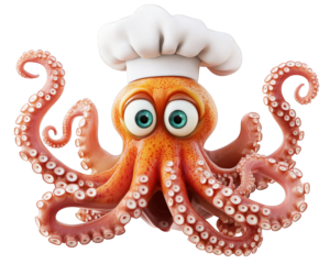 cartoon octopus wearing chef hat and apron, joyfully cooking with its tentacles. This whimsical character brings fun and playful vibe to kitchen