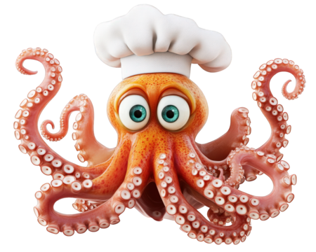 cartoon octopus wearing chef hat and apron, joyfully cooking with its tentacles. This whimsical character brings fun and playful vibe to kitchen