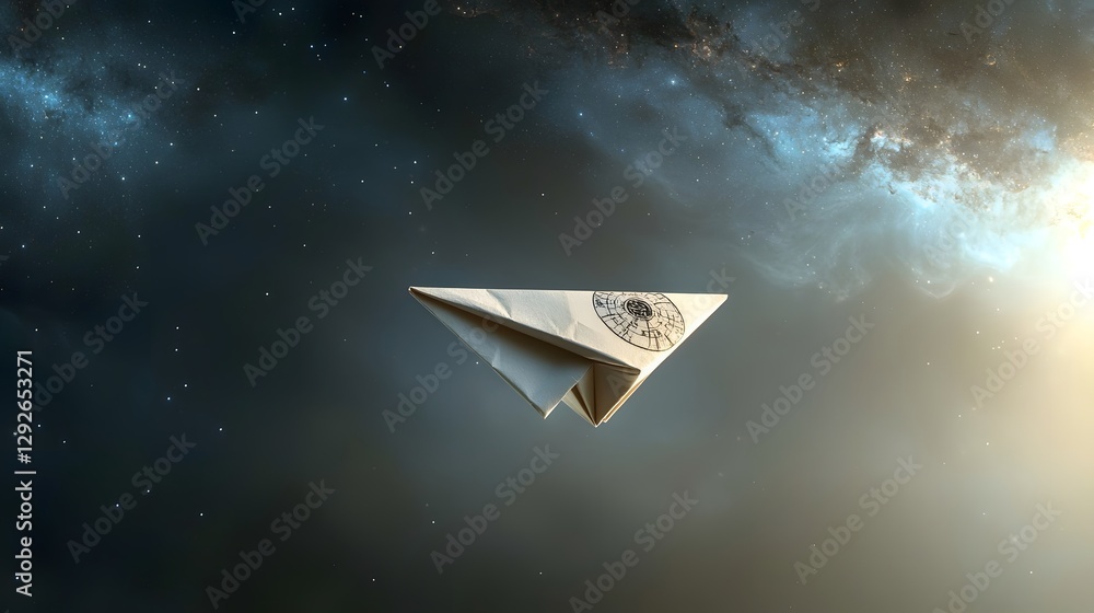 Aufkleber a paper airplane folded to resemble a satellite elegantly floating through an abstract ethereal gala