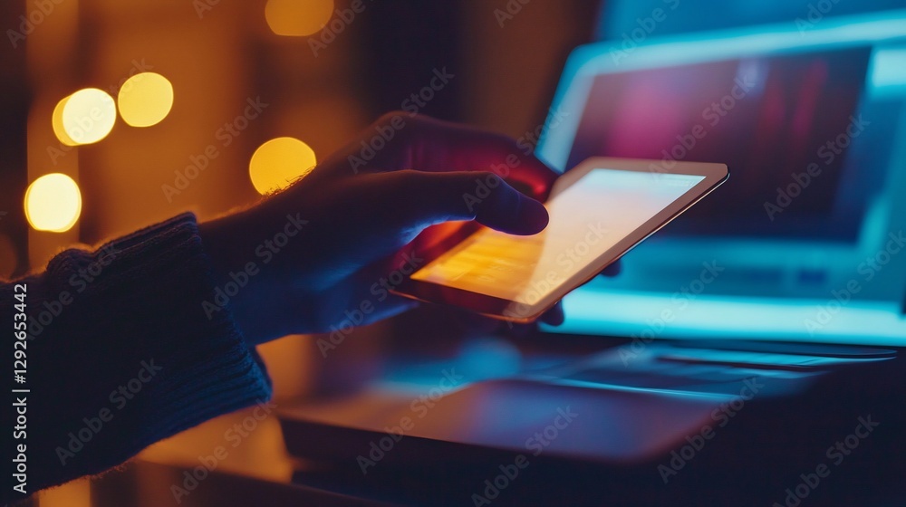 Poster a person using a tablet with a laptop in the background in a soft light setting