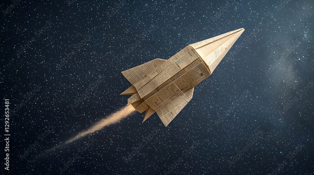 Poster A paper rocket folded from recycled newspaper soaring through a starry night background symbolizing the power of innovation technology and sustainable of the cosmos