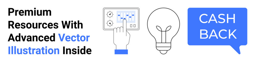 Touchscreen interface with hand icon, lightbulb for ideas, cashback dialog box. Ideal for technology, innovation, finance, e-commerce, digital marketing, UIUX design flat landing page banner