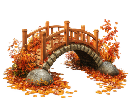 picturesque wooden bridge surrounded by vibrant autumn leaves, creating cozy and serene atmosphere. scene is enhanced by warm colors of fall foliage and smooth stones