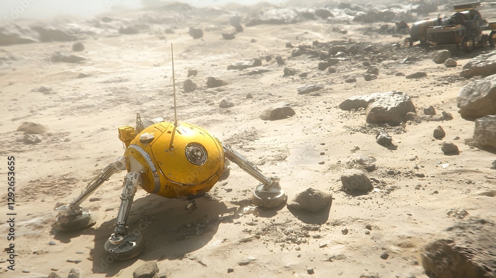 Poster A photo depicting a robotic space probe successfully landing on the rocky extraterrestrial terrain of Proxima b an exoplanet orbiting the nearby Proxima Centauri star