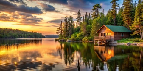 Fototapeta premium Cabin by lake in Algonquin Park at sunset, forest, wilderness, forest, wilderness, lake, Algonquin Park landscape, water