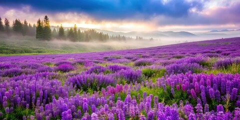 Fototapeta premium Dense clusters of vibrant purple wildflowers bloom in a vast field, shrouding the landscape in an otherworldly veil of color and mystery, verdant, enigmatic