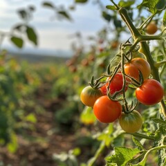 Ripe Tomatoes on Vines in Field