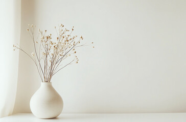White photo frame mockup with blank space for text or design, placed on the right side of an empty white wall, small white vase with dried flowers on the left side of the picture, minimalist style, © SyedaJakeaBegum
