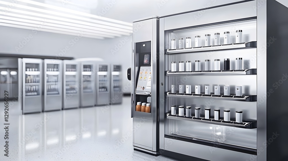 Poster a photo of a futuristic vending machine concept displaying and dispensing sleek vape pods in a moder