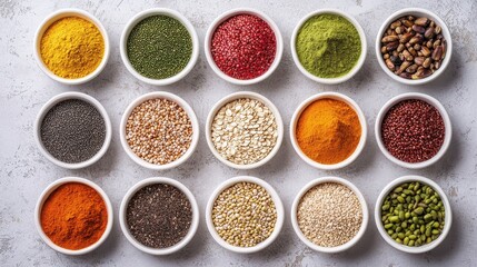 Colorful Variety of Spices, Seeds, and Grains in Bowls on a Light Background for Cooking and Baking Inspiration