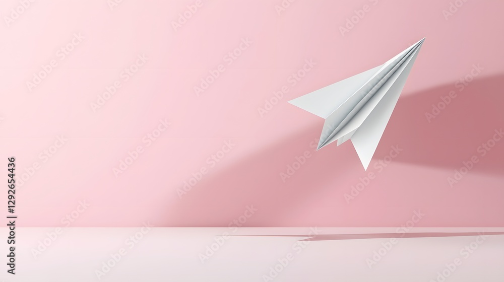 Poster A photo of a minimalist paper rocket design hovering mid air with a delicate shadow cast against a clean pastel colored background  This conceptual and futuristic image evokes a sense of innovation