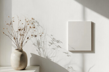 White photo frame mockup with blank space for text or design, placed on the right side of an empty white wall, small white vase with dried flowers on the left side of the picture, minimalist style,