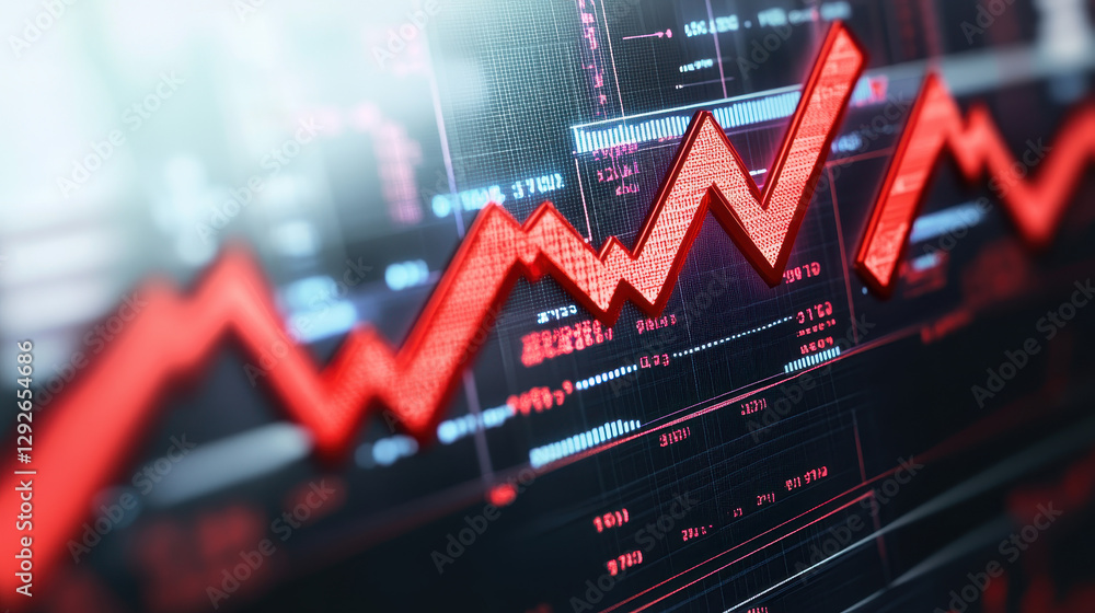 Poster red arrow pointing upward on a stock market graph with a white background