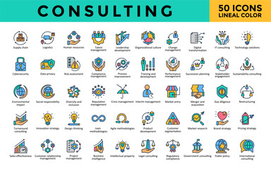 Consulting icons set with supply chain, logistics, human resources, talent management, leadership development, organizational culture, change management icon. Simple lineal color vector 

