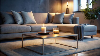 Low-lit space with a minimalist coffee table, surrounded by sleek and modern furniture, with a single candle flickering on the table, low-lit, ambient lighting