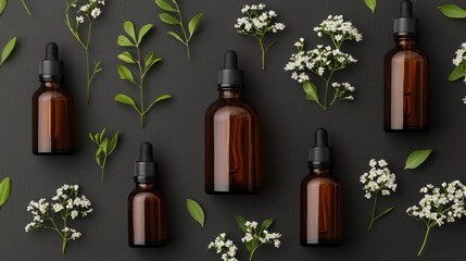 Elegant Arrangement of Brown Glass Essential Oil Bottles with Green Leaves and White Flowers on Dark Background