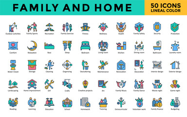Family and Home icons set with outdoor activities, family sports, recreation, family exercise, fitness, wellness, health, family safety, security, protection icon. Simple lineal color vector 
