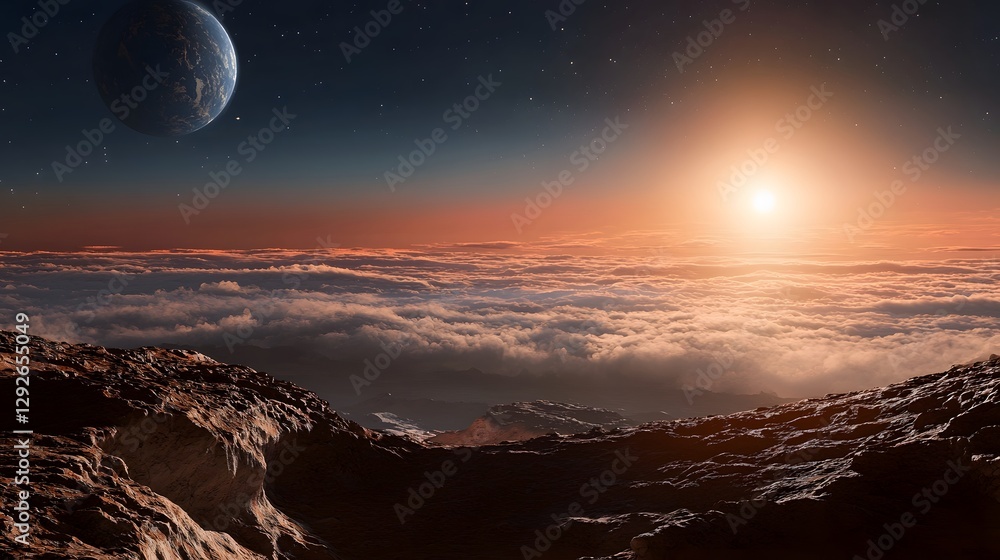 Poster a photograph depicting a space probe successfully landing on the rocky terrain of an exoplanet proxi