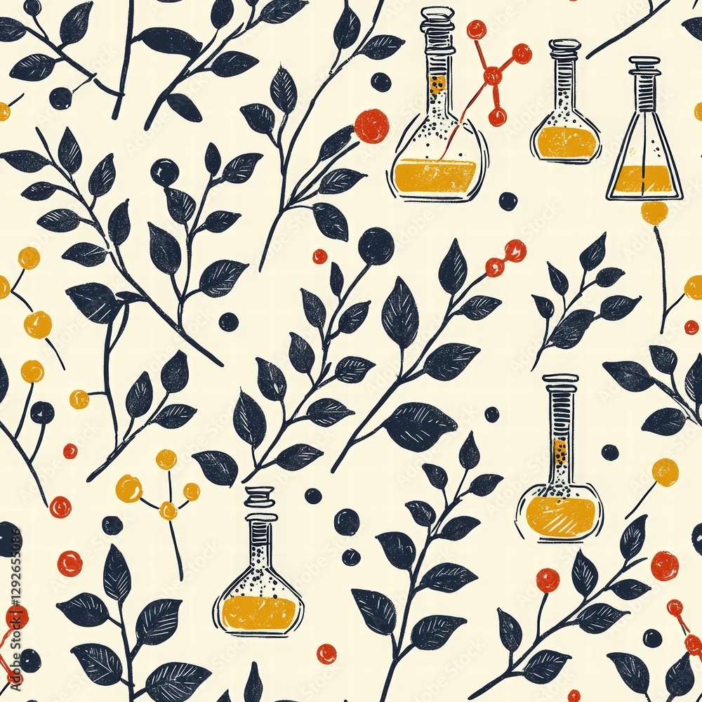 Poster seam pattern featuring a plant and beaker combining nature and science in a unique visual design
