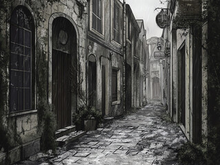 Naklejka premium A hauntingly beautiful narrow alleyway with weathered stones and historic structures.