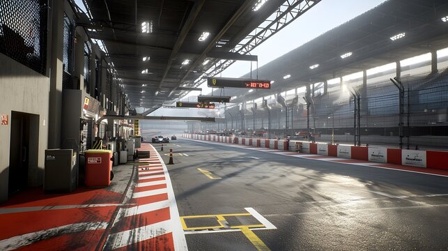 A photo showcasing the interior of an indoor motor racing circuit with a pit lane and sharp turns illuminated by industrial style lighting fixtures