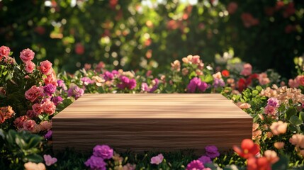 podium natural plant mockup fragrance display. Wooden Platform Amidst Blooming Spring Flowers.