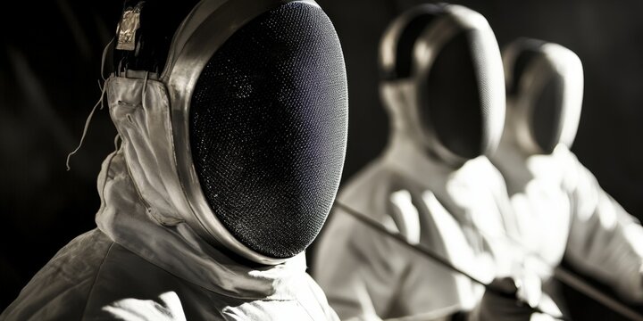 A fencing championship poster with close-ups of masks and foils
