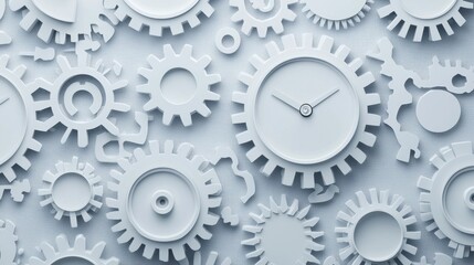 White Gears and Clock Elements on Textured Background Creating Abstract Mechanical Artistic Composition