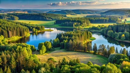 Fototapeta premium Serene landscape of Jezioro Luknajno with surrounding mountains and forests, nature, Masuria, nature, Masuria