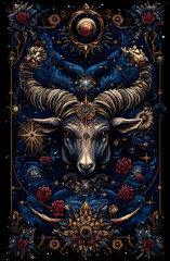 Painting of a bull with horns and a red rose on its forehead. The painting is blue and gold and has a mystical feel to it