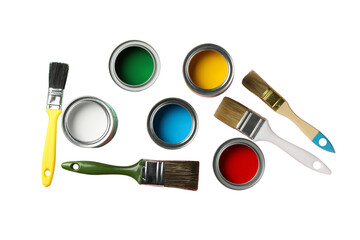 PNG, Paint, cans of paint and painting tools, top view, isolated on white background
