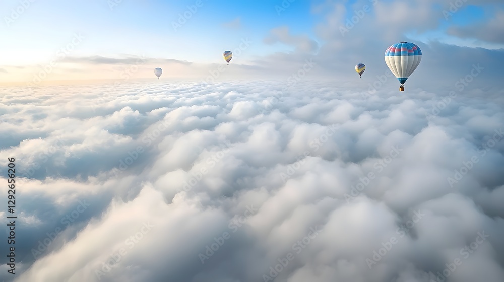 Poster A serene and captivating scene of hot air balloons gently floating above an endless expanse of fluffy white clouds creating a surreal and dreamlike atmosphere  This image evokes a sense of wonder