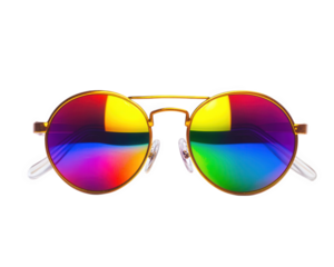 Colorful round sunglasses with vibrant rainbow reflection, trendy and stylish accessory for summer fashion. Perfect for outdoor activities and festivals