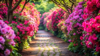 Pathway Through Vibrant Pink Flowers , peaceful atmosphere, pink flowers