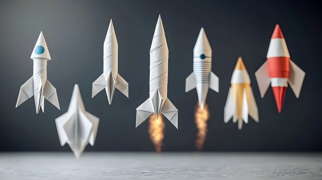 A series of paper rockets folded in different aerodynamic designs suspended in motion demonstrating creativity technology and the future of space
