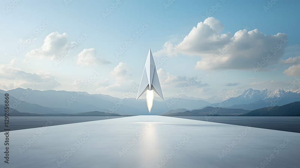 Poster A sleek futuristic paper rocket with angular wings gracefully lifting off from a paper runway symbolizing innovation technological progress and humanity s for space and the future