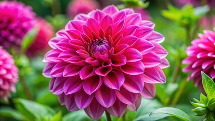 Close-up of vibrant hot pink dahlia flower with delicate petals and intricate details, surrounded by lush green leaves and soft, feathery texture , floral, vibrant