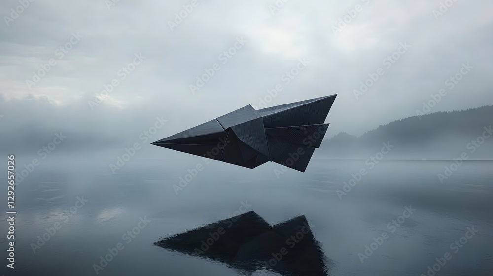 Poster A sleek origami style paper rocket with futuristic edges hovering silently above a serene reflective surface creating a captivating minimalist and visionary scene